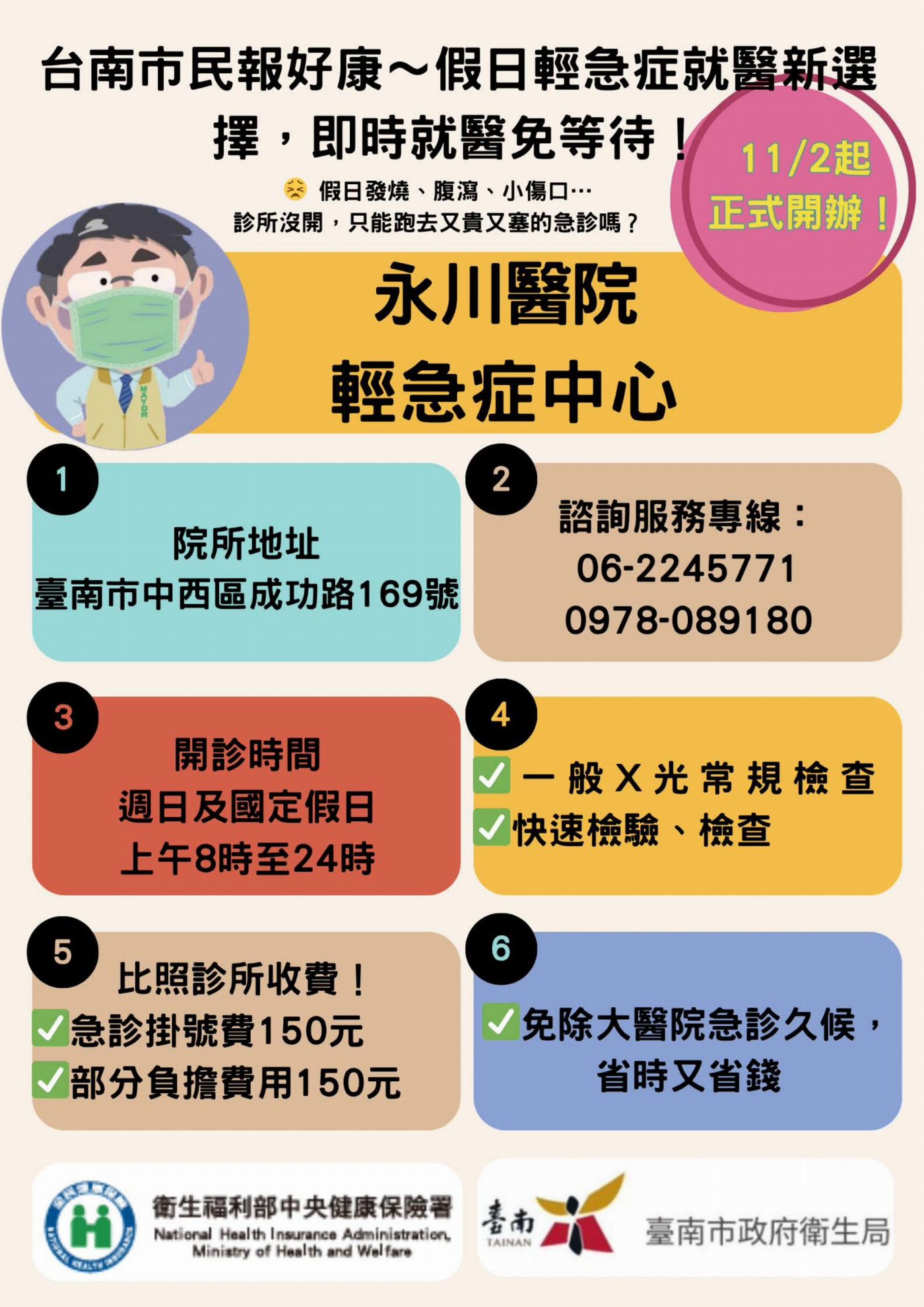 假日急診就醫 門診付費！永川醫院成為臺南市首家「週日及國定假日輕急症中心」
