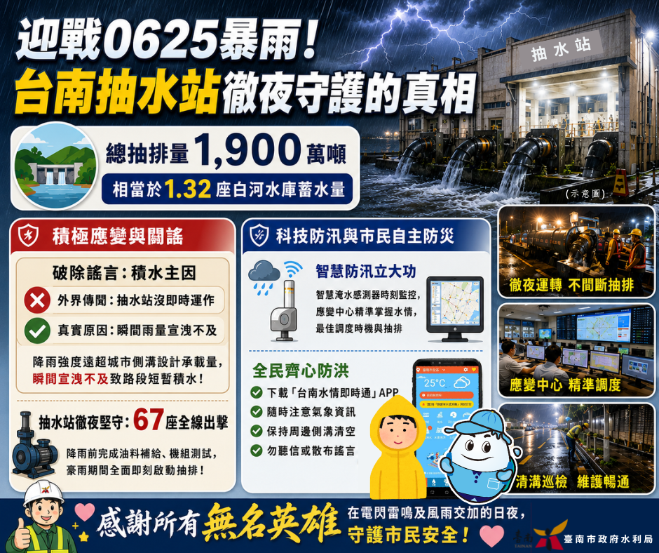 迎戰暴雨！台南67座抽水站全線堅守崗位  抽排量達到驚人的1,900萬噸水
