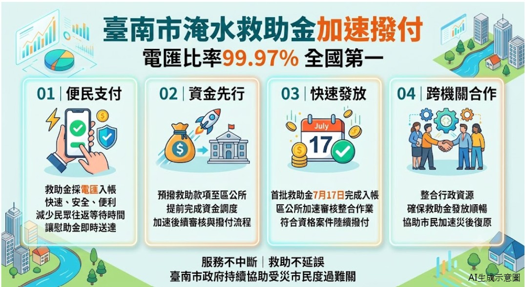 臺南市電匯支付比率高居全國第一！豪雨救助金先頭陣容展現電子化效益