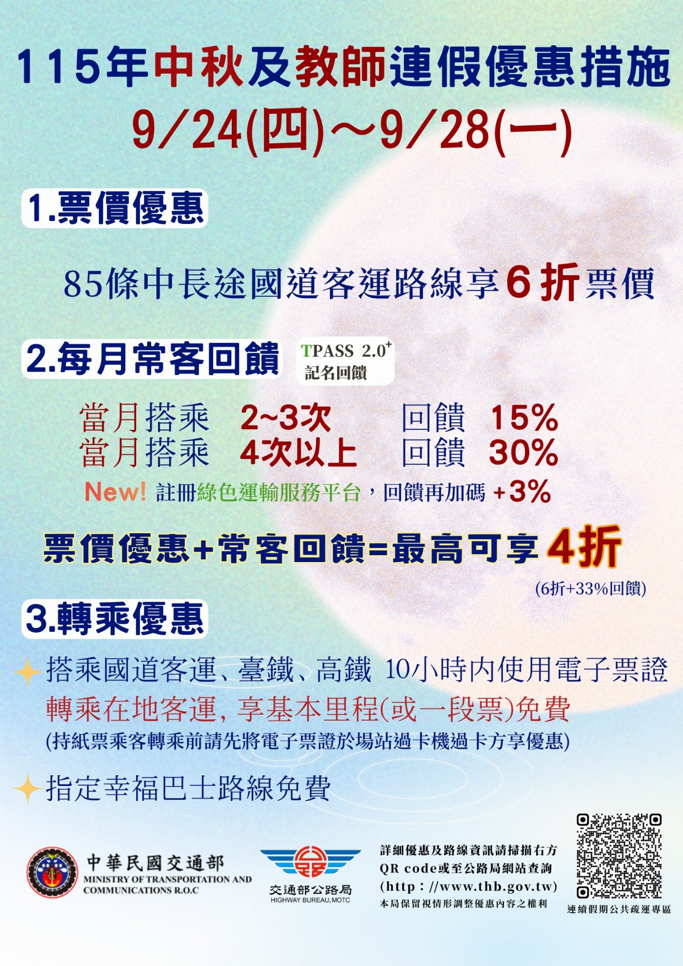 中秋教師連假出遊省荷包，搭乘公共運輸優惠多更多