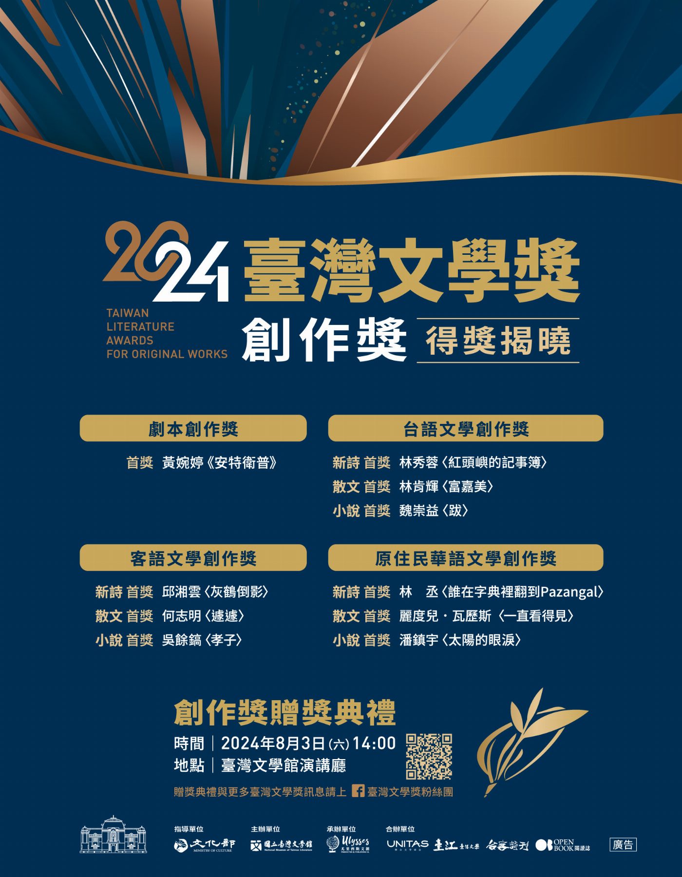 2024臺灣文學獎　創作獎名單歡喜揭曉　  看見母語書寫的潮流與可能