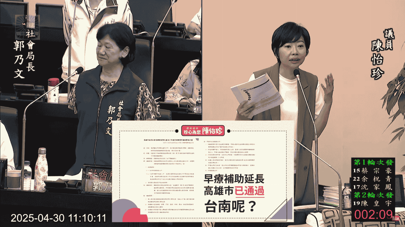 陳怡珍籲比照六都　台南療育補助應延長至18歲、放寬條件