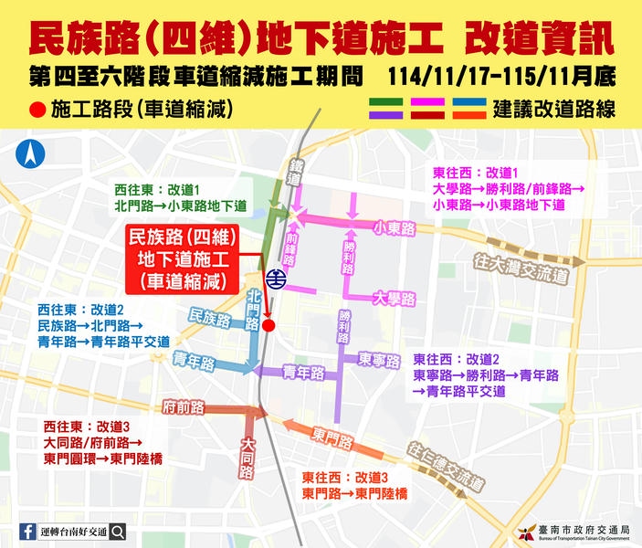 【民族路(四維)地下道11月17日起進行鐵路地下化第四至六階段施工】 提醒市民朋友提早出門或改走替代道路