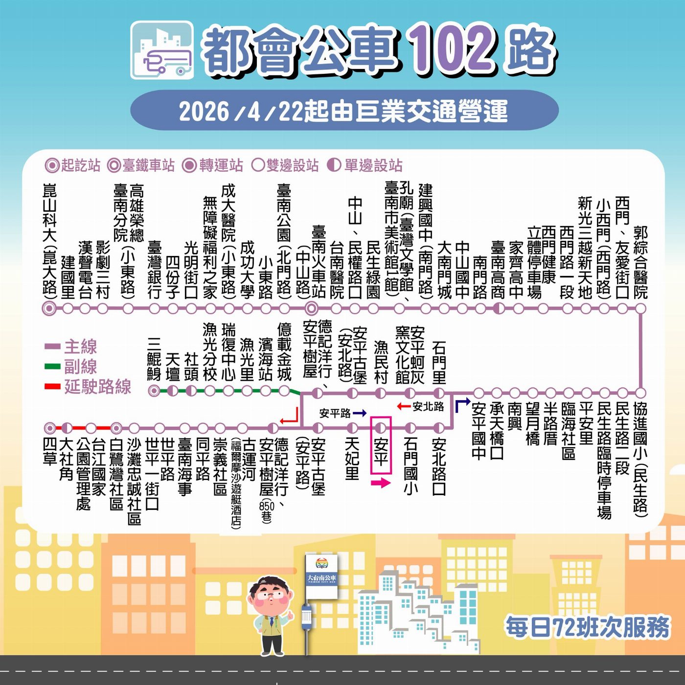 大台南公車都會公車102線於4月22日正式上線服務。
