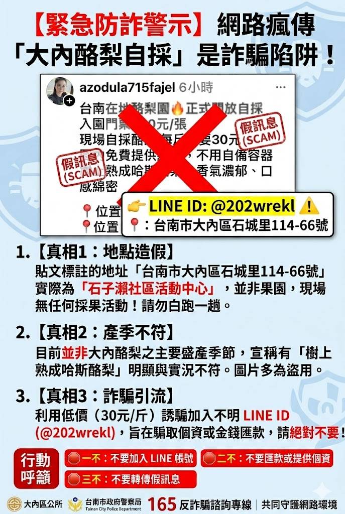大內區警告：網路上流傳的酪梨自採活動是詐騙！