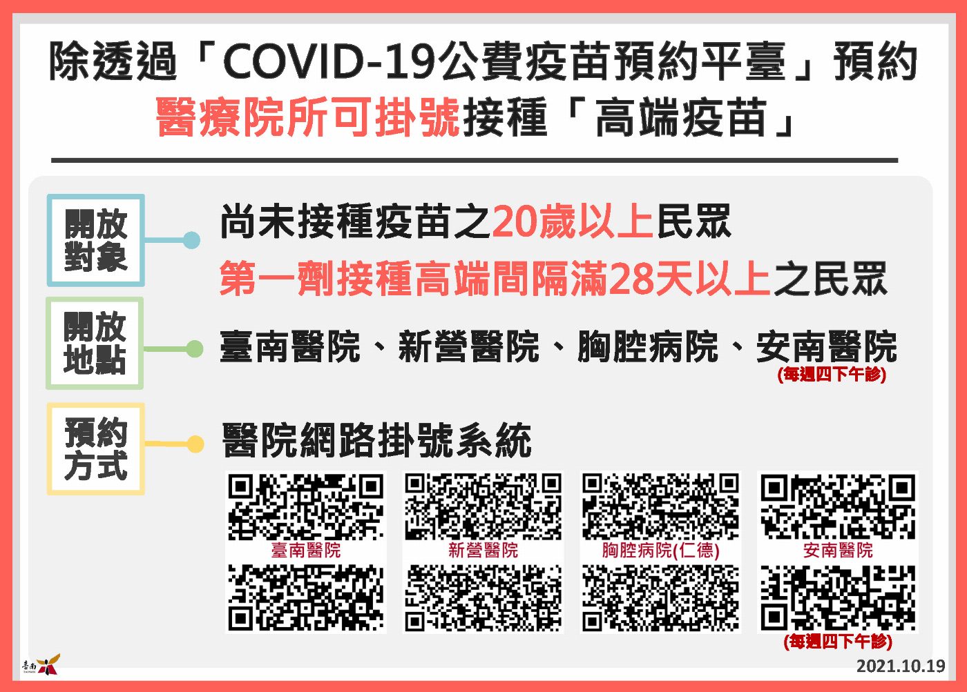 安南醫院加入高端疫苗門診服務行列，台南市4家醫院將持續開設高端疫苗門診
