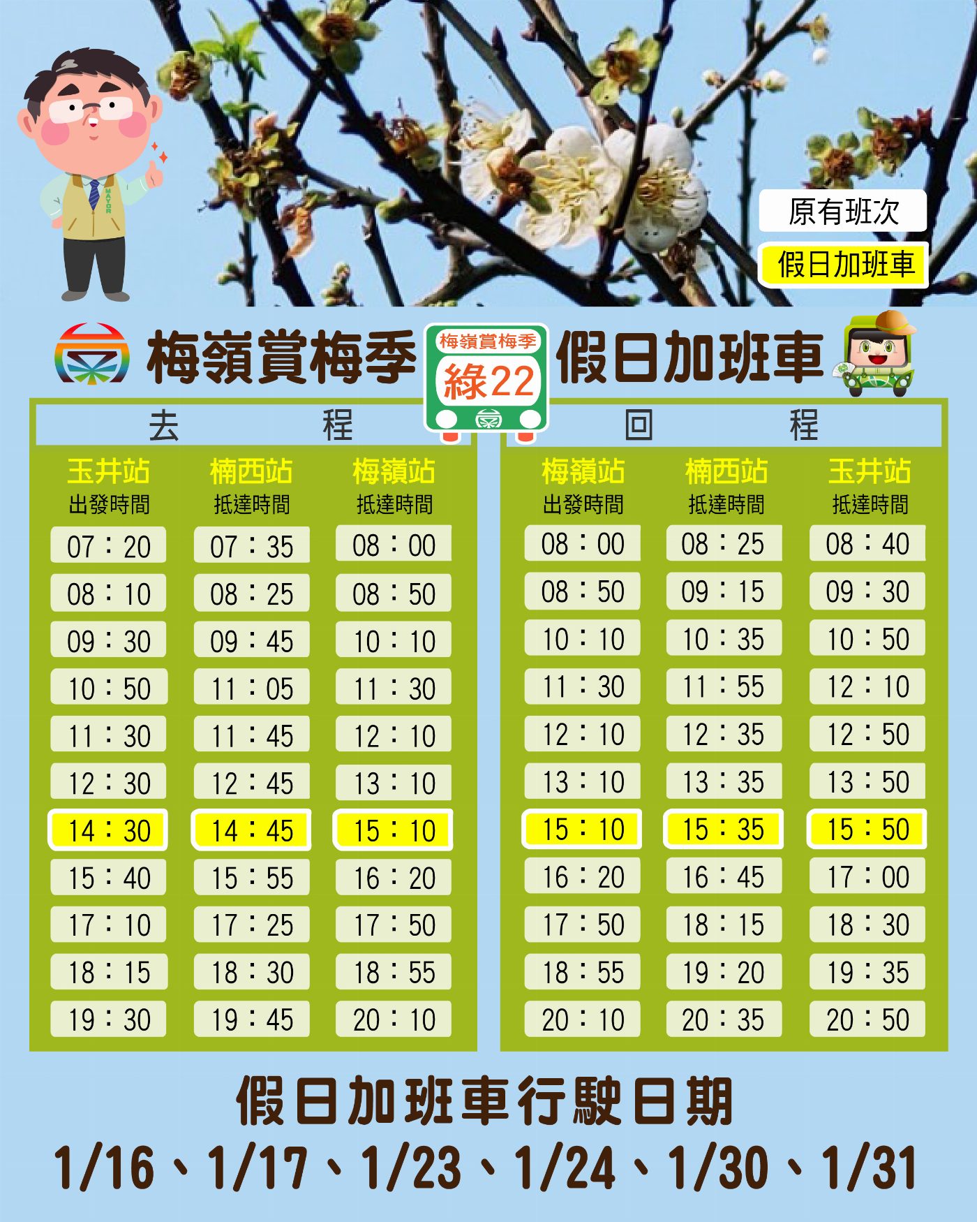 搭公車遊梅嶺，綠22加開週末班次