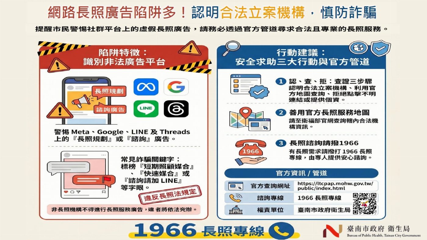 「網路長照廣告陷阱多！認明合法立案機構，慎防詐騙」