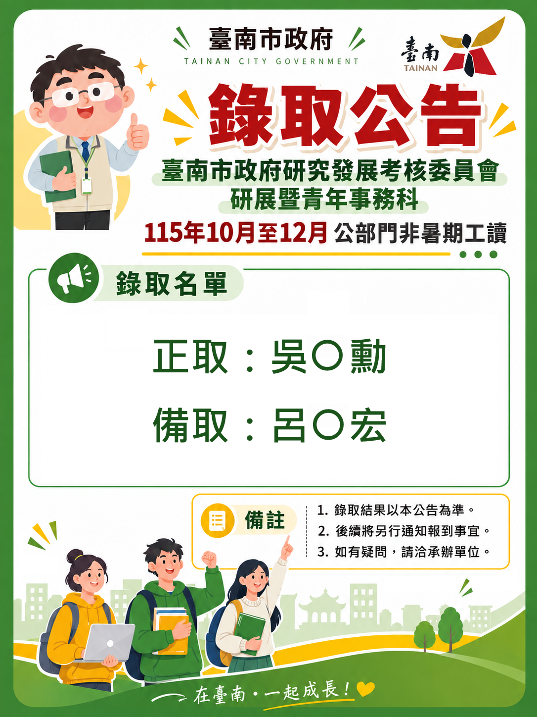 穩定人才脈動：臺南市政府公布年底工讀研考會職缺錄取名單