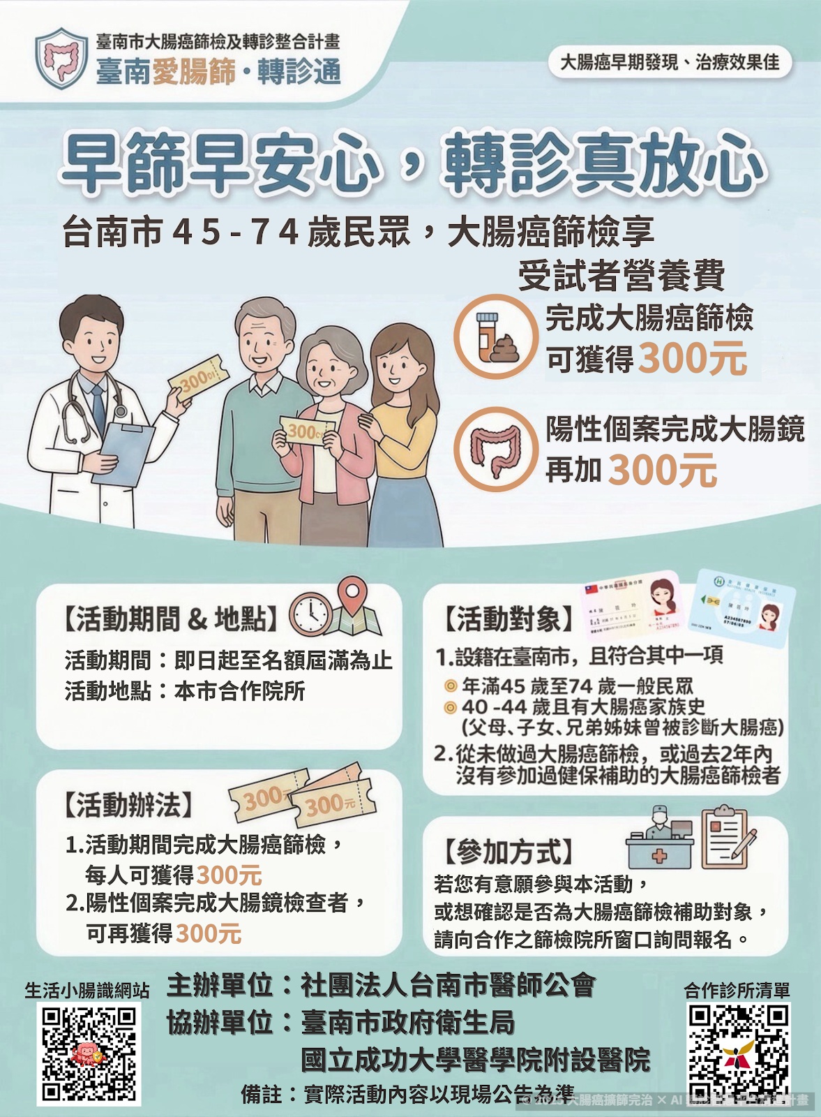 臺南愛（AI）腸篩攜手230家院所　完成大腸癌篩檢最高享600元禮券
