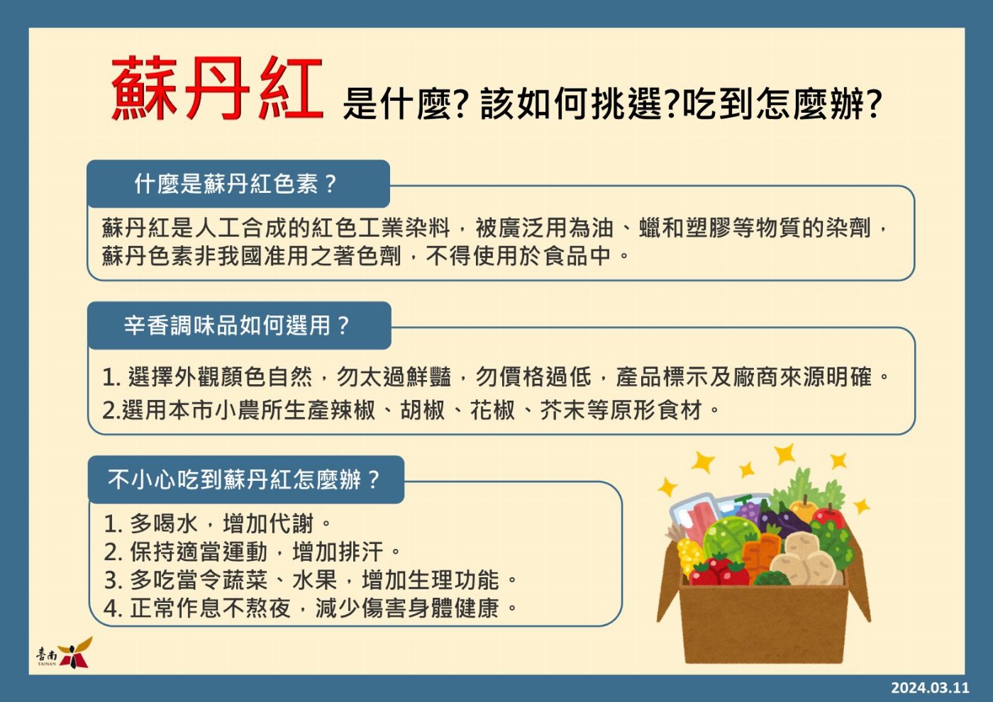 調味品合格嗎？民眾可至臺南市政府衛生局網站-「蘇丹色素食安專區」查詢