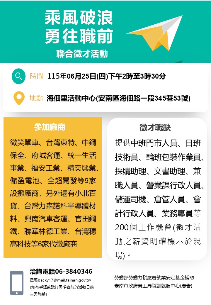 勞工局舉辦聯合徵才活動 多家廠商提供200個職缺