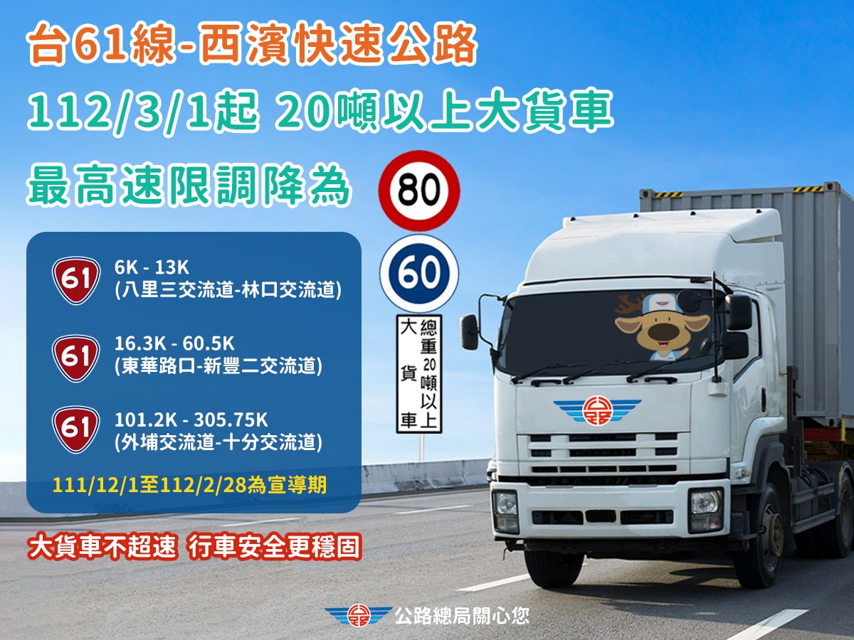 台61線西濱快速公路大貨車速限調降措施，3月1日正式實施