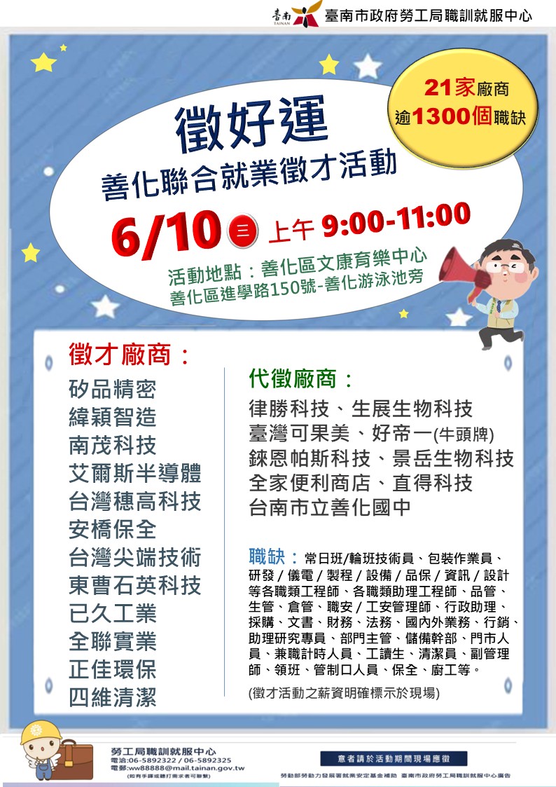 勞工局力邀21家廠商提供1300個職缺　善化區舉辦聯合就業徵才活動