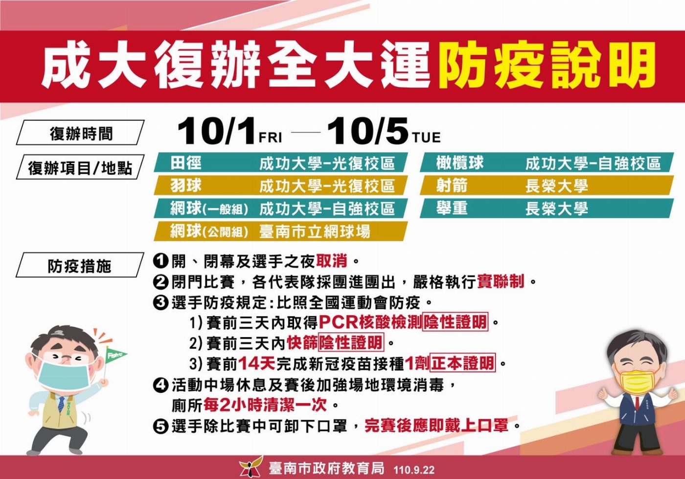 全國大專院校運動會即將10/1起至10/5復辦 