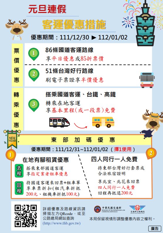 元旦連假出遊請多留意當地路況並善用公共運輸優惠措施