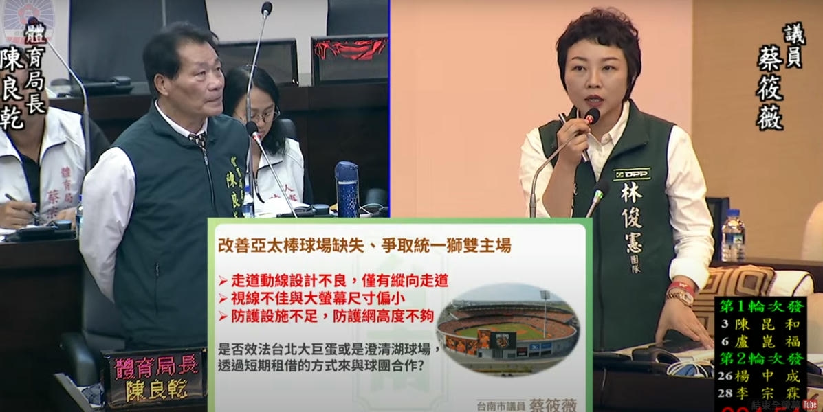 改善亞太棒球場缺失 爭取統一獅雙主場 蔡筱薇籲市府與統一獅球團研擬「雙主場運作模式」